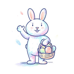 Obraz premium Cute cartoon bunny character standing beside a basket of decorated eggs, smiling and waving, bright pastel colors with clean bold outlines and soft shadow isolated on transparent background