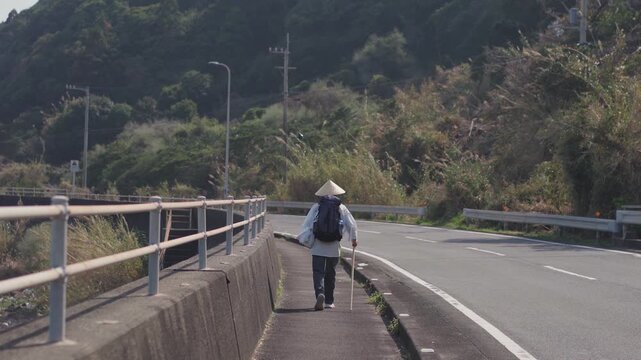 Henro wearing a traditional Asian conical hat walking along the side of the road