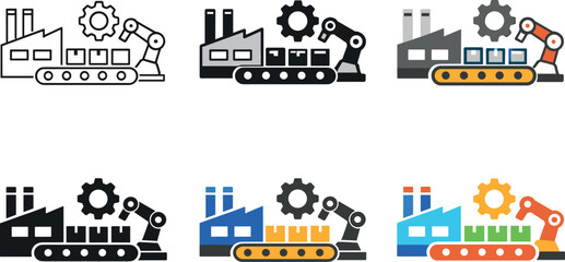 Naklejka premium Manufacturing workflow icon featuring a factory building, conveyor belt, gear, and robotic arm, symbolizing industrial production