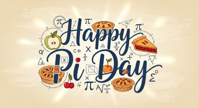 Happy Pi Day Festive Poster with Mathematical Hand Lettered Typography, Circular Pi Flourishes and Pastel Gradient Design