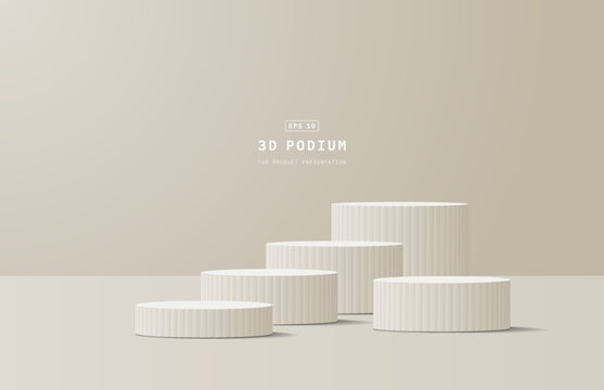 Soft realistic cream 3d cylinder podium in clean studio showroom. 3D vector stage for product mockup. 3d vector geometric platform design. Vector rendering. Minimal scene for product promotion.
