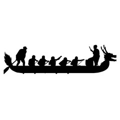A black silhouette of a dragon boat with rowers and a drummer © Snake_head