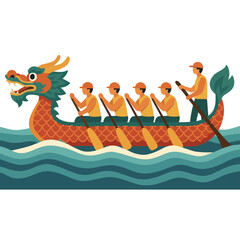 A vibrant dragon boat team paddling through calm waters in a traditional festival celebration © Snake_head