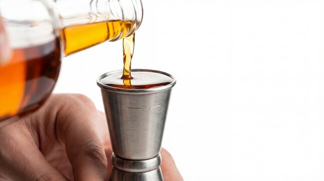 Bartender pouring liquor into jigger for cocktail preparation  