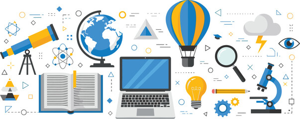 education, science, learning, exploration, discovery, telescope, globe, book, laptop, microscope, magnifying glass, light bulb, pencil, creativity, innovation, research, study, STEM, technology © Mst