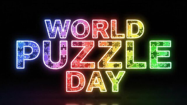 Vibrant World Puzzle Day Neon Sign on Black Background