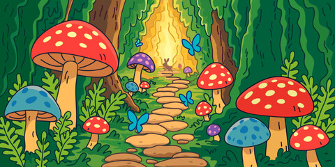 fantastic landscape . Forest with mushrooms and butterflies. illustration to the fairy tale "Alice in Wonderland"	
