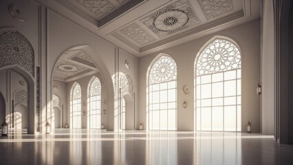 Fototapeta premium Sunlit Grand Hall with Ornate Arches and Geometric Window Patter