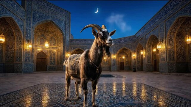 Majestic goat with ornate saddle standing in illuminated Persian mosque courtyard at night under crescent moon