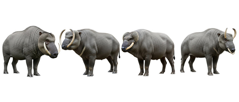 Set of four Daeodon prehistoric mammals isolated on a white background.