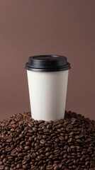 Coffee to go in white paper cup surrounded by coffee beans