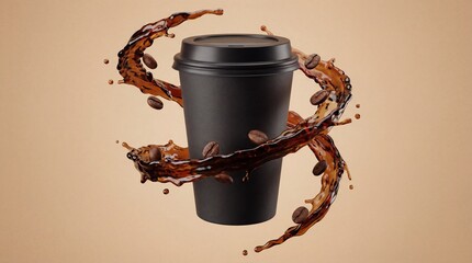Dynamic coffee splash around disposable cup on beige background