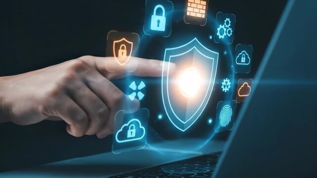 Cybersecurity shield and fingerprint cloud lock protecting laptop data with glowing secure access