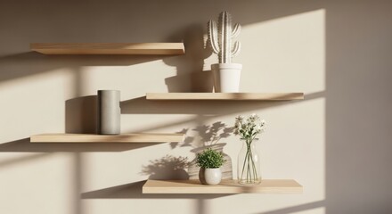 Minimalistic wooden shelves with plants and decorative items on a white wall with natural light.