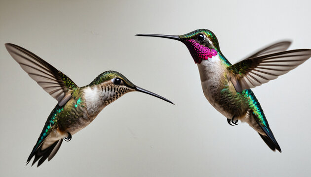 Zwei Kolibris im Flug vor hellem Hintergrund