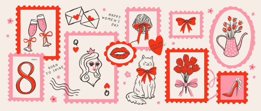 Set of postage stamps,stickers and decorative elements in hand drawn sketch style featuring queen card, cat, champagne and flowers for Women's Day, vector illustration