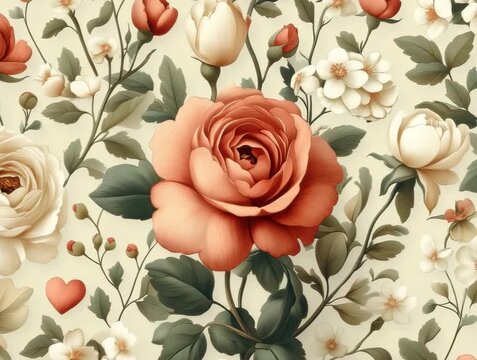 Bright flowers bloom in floral pattern with roses and small blossoms on a light background