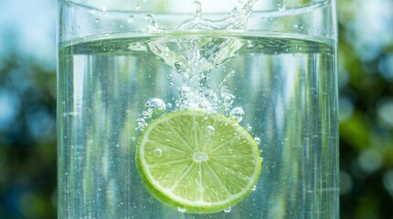 Refreshing glass of water with lime slice on a sunny day
