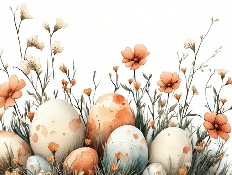 Colorful eggs in a garden with flowers during spring time celebration
