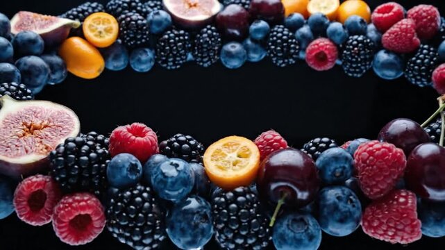 Oval frame border made of fresh mixed berries figs and kumquats on black background with copy space