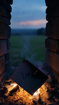 A love letter burning in a fireplace, symbolizing a breakup or lost love
