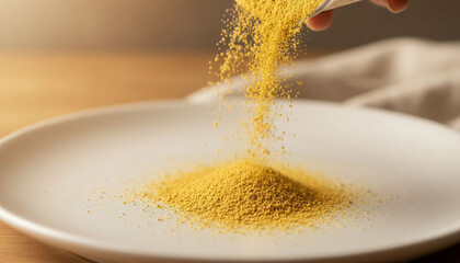 Golden powder being poured onto a white plate, capturing the moment of food preparation in a kitchen setting