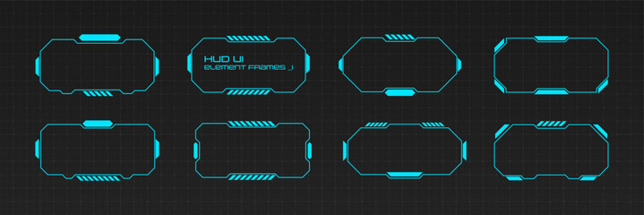 Futuristic HUD frames with cyberpunk tech elements. Digital interface borders for game UI design. Display with glowing blue lines and modern geometric shapes. © Art_Stars