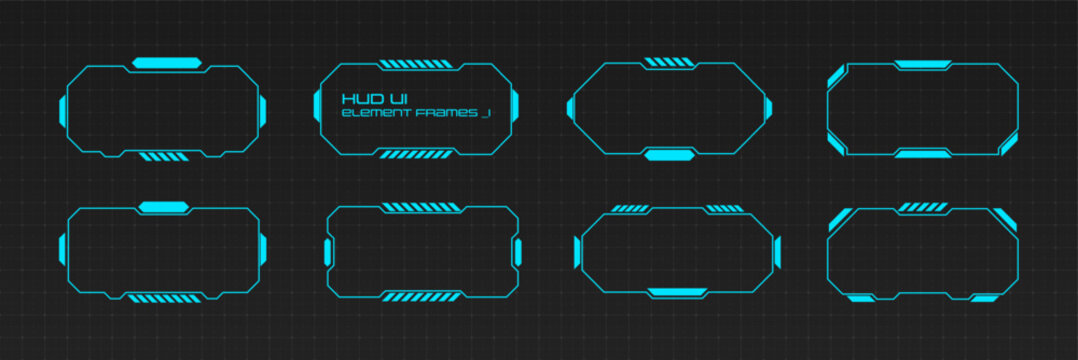 Futuristic HUD frames with cyberpunk tech elements. Digital interface borders for game UI design. Display with glowing blue lines and modern geometric shapes.
