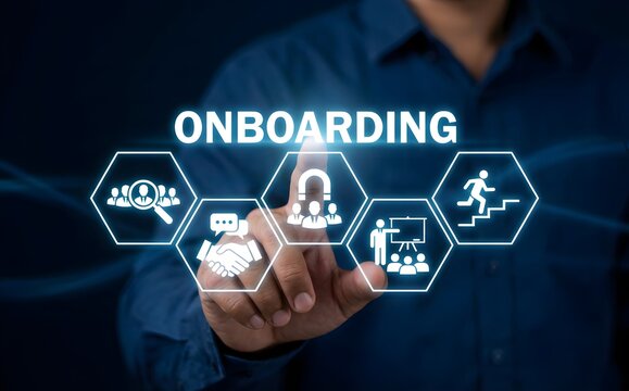Person's finger points towards the word "onboarding" surrounded by relevant process icons in a digital interface.