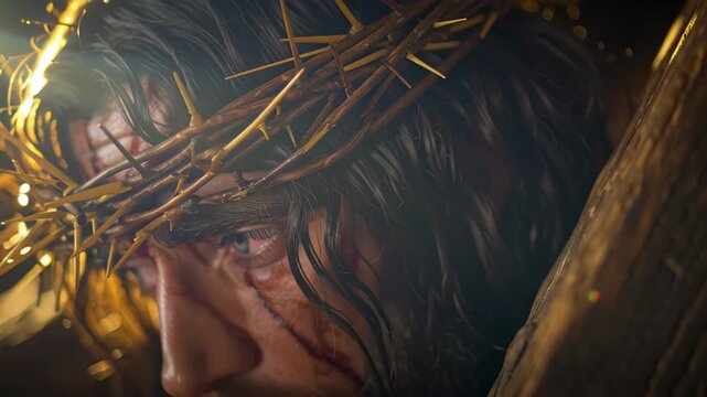 Jesus Christ carrying cross to golgotha in thorn crown. Good friday suffering and passion for christian easter, orthodox.