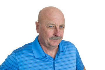 Obraz premium Man poses with a serious expression wearing a blue striped shirt against a plain background while looking directly at the camera