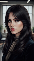 Fototapeta premium Elegant young woman with dark hair and striking green eyes in a business setting, conveying confidence and sophistication.