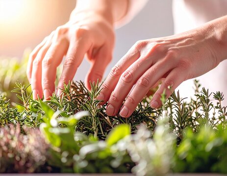 Detalle de manos tocando una planta en interior luminoso, luz natural suave