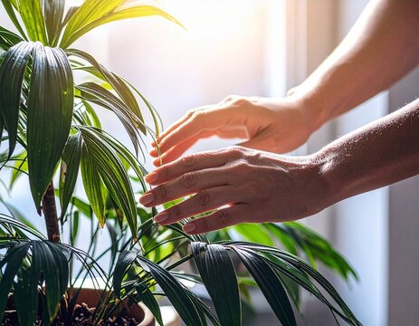 Detalle de manos tocando una planta en interior luminoso, luz natural suave