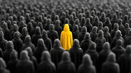Obraz premium A lone person in a yellow hoodie stands out in a crowd of people in black hoodies