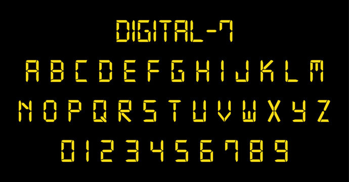 Yellow LED style digital display alphabet featuring letters A to Z and numbers 0 to 9. Digital display font. Alarm clock letters and numbers, electronic alphabet and retro calculator screen symbols.