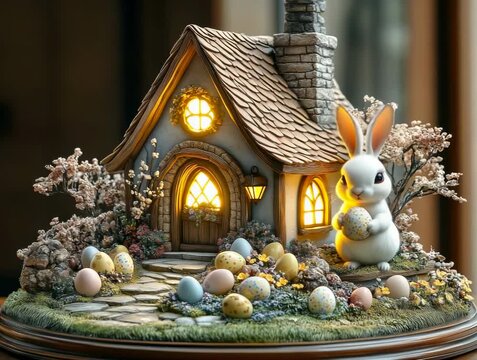 Decorative display of a small house and a bunny holding an egg during Easter season