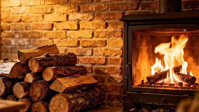 Fireplace with burning logs and stacked firewood