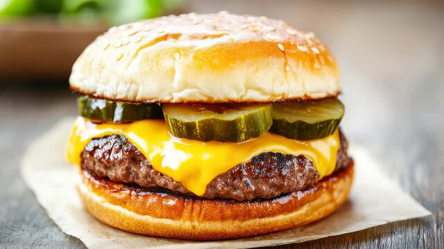 Juicy burger stacked with cheese and pickles served on a bun from a diner