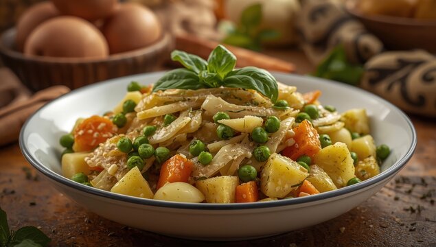 Artichoke dish with peas, carrots, potatoes, and basil. Zeytinyagli Enginar