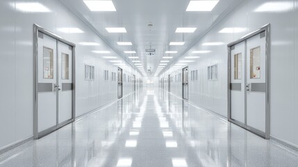 Fototapeta premium Modern sterile white hallway with reflective floor and doors