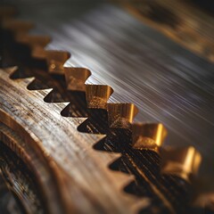 Golden Saw Blade Teeth Against Wood Grain metal Image