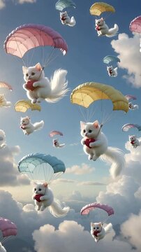 Group of cute fluffy white kittens falling from the blue sky with pastel pink and yellow parachutes holding red hearts for valentines day celebration vertical video