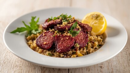 Beet and roast beef bulgur salad. Nutrient-rich meal