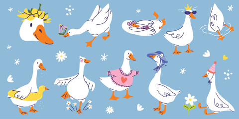 Set of cute funny geese in different poses and outfits. Adorable white geese with flowers, hats, accessories and playful expressions. Spring animal cartoon characters. Flat isolated vector  © m_matvi
