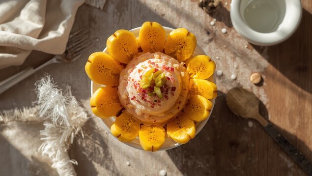 Bird's-eye view of cendol dawet served with jackfruit on a table