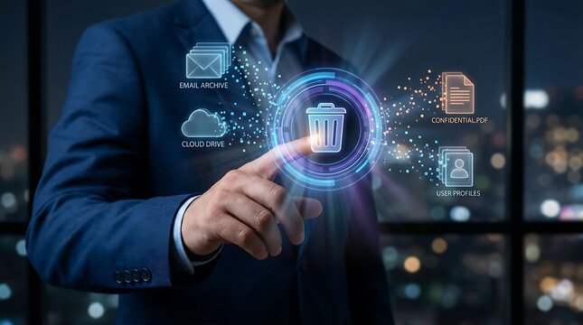 Businessman Interacting with Digital Interface for Data Deletion and Management.