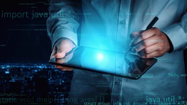 A user interacts with a digital tablet in a high-tech environment filled with data streams and code elements, highlighting themes of innovation and technology. Xenic