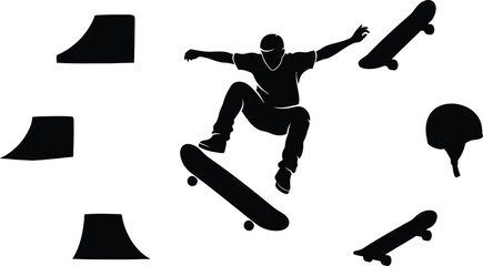 Skateboarder in motion with various ramp illustrations © Contribute Frist