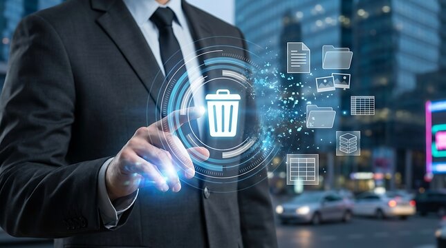 Businessman Touching Digital Trash Can Icon for Data Deletion Concept